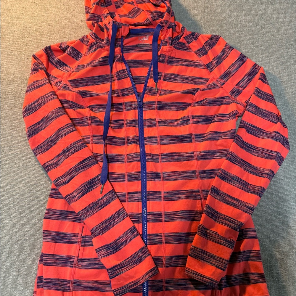 lukka Coral and Navy Striped Hooded Zip Jacket